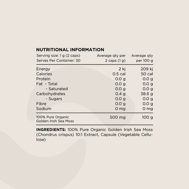 Nutritional Information panel for Organic Golden Irish Sea Moss Capsules. Displays serving size (1g per 2 capsules), macronutrient values, carbohydrate content, and ingredient details. The only ingredient listed is 100% Pure Organic Golden Irish Sea Moss (Chondrus crispus) 10:1 Extract in a vegetable cellulose capsule.