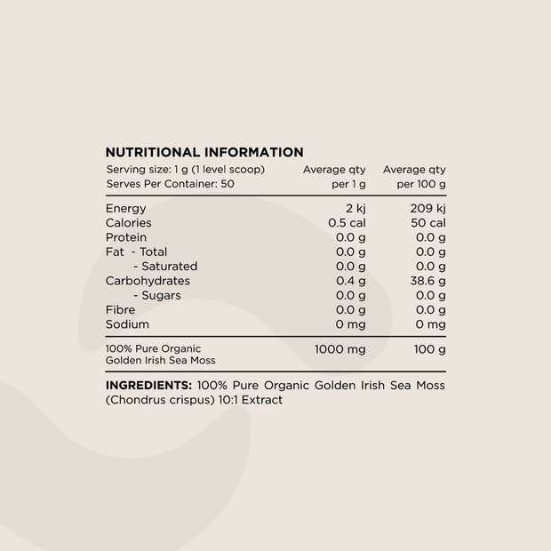 Nutritional Information panel for Organic Golden Irish Sea Moss Powder. Displays serving size (1g per level scoop), macronutrient values, carbohydrate content, and ingredient details. The only ingredient listed is 100% Pure Organic Golden Irish Sea Moss (Chondrus crispus) 10:1 Extract.