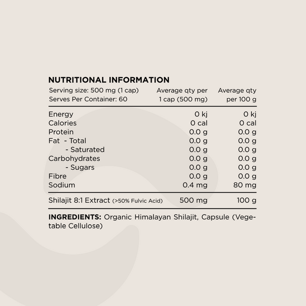 Nutritional Information panel for Organic Himalayan Shilajit Capsules. Displays serving size (500mg per capsule), macronutrient values, sodium content, and ingredient details. The only ingredients listed are Organic Himalayan Shilajit and Vegetable Cellulose Capsule.