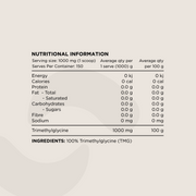 Nutritional Information panel for Trimethylglycine (TMG) supplement. Displays serving size (1000mg per scoop), macronutrient values, and ingredient details. The active ingredient is 100% Trimethylglycine (TMG).