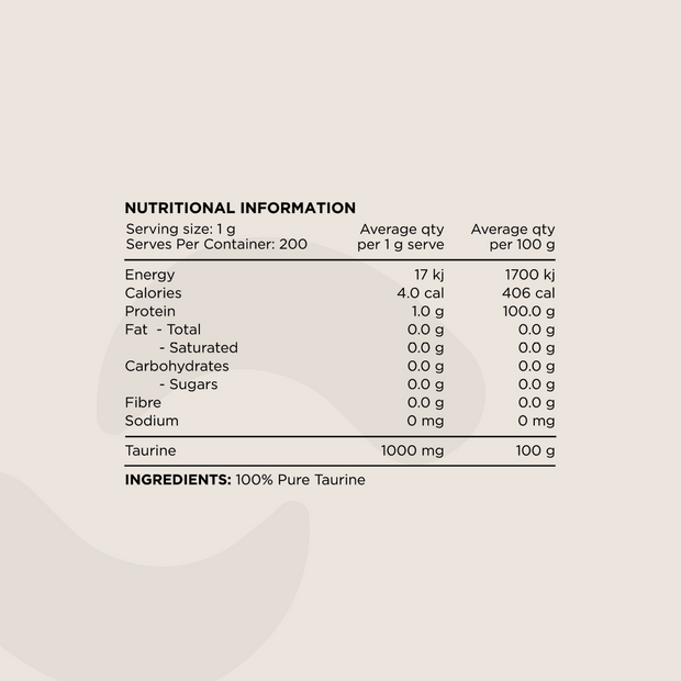 Nutritional Information panel for 100% Pure Taurine Powder. Displays serving size (1g per scoop), macronutrient values, and ingredient details. The only ingredient listed is 100% Pure Taurine.