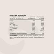 Nutritional Information panel for Tongkat Ali (Eurycoma Longifolia) supplement. Displays serving size (4g per 1 scoop), macronutrient values, and ingredient details. The active ingredient is Tongkat Ali (1% Eurycomanone), with flavouring, anti-caking agent (Silicon Dioxide), and natural sweetener (Stevia).