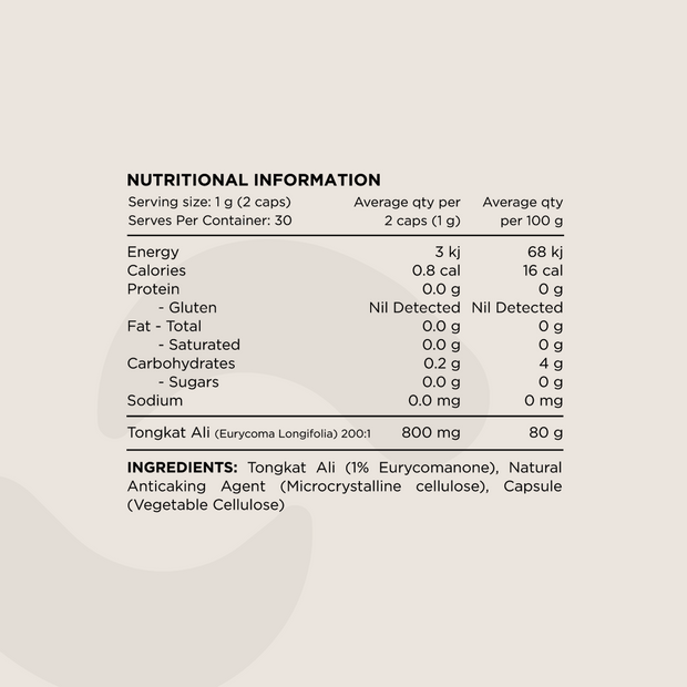 Nutritional Information panel for Tongkat Ali (Eurycoma Longifolia) supplement. Displays serving size (1g per 2 capsules), macronutrient values, and ingredient details. The active ingredient is Tongkat Ali 200:1 extract (1% Eurycomanone), with a vegetable cellulose capsule.