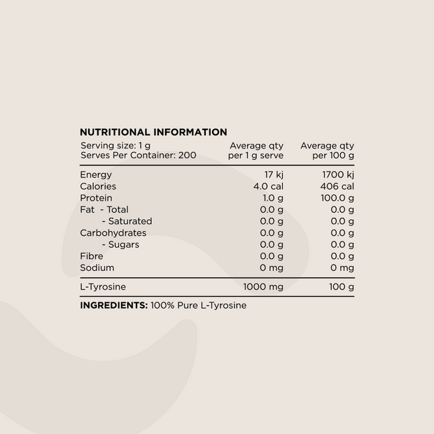 Nutritional Information for L-Tyrosine: Serving size 1g (per serve), 200 servings per container. Contains 17 kJ energy, 4.0 cal, 1.0g protein, 0g fat, 0g carbohydrates, 0g sugars, 0g fibre, and 0mg sodium. Ingredients: 100% Pure L-Tyrosine.