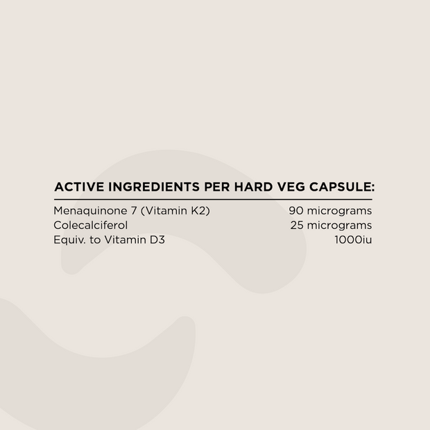 Active Ingredients per Hard Veg Capsule: Contains 90 micrograms of Menaquinone 7 (Vitamin K2), 25 micrograms of Colecalciferol, equivalent to 1000 IU of Vitamin D3.