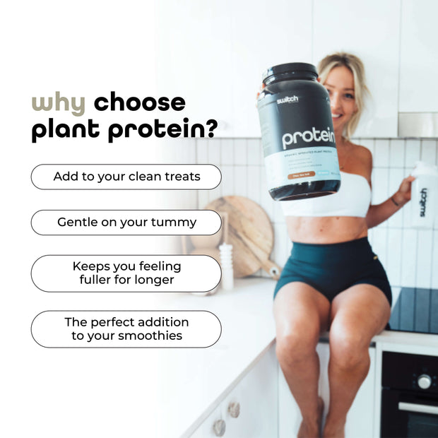 Joyful woman holding a large container of Switch Nutrition Protein next to a caption &