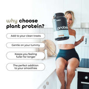 Joyful woman holding a large container of Switch Nutrition Protein next to a caption 'why choose plant protein?' with benefits like being gentle on the tummy and keeping you feeling full.