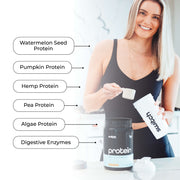 Smiling woman in fitness attire scooping from a Switch Nutrition Protein container, with highlighted ingredients like Watermelon Seed Protein and Digestive Enzymes.