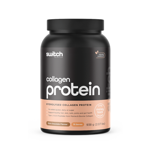 Switch Nutrition Collagen Hydrolysed Collagen Protein Rich Chocolate Flavour 938g (75 Serves) - Good source of protein to support healthy hair, skin, nails, and joints. Contains Type I, II, & III peptides from marine and bovine collagen. Naturally sweetened with a 30-day money-back guarantee.