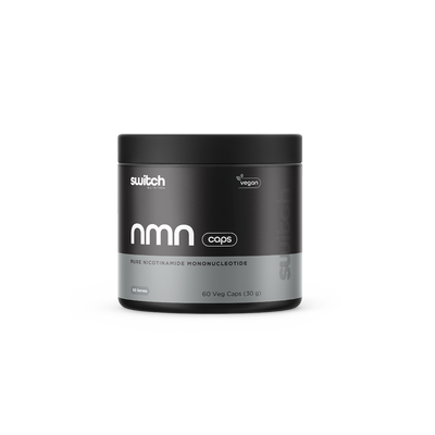 Switch Nutrition NMN Pure Nicotinamide Mononucleotide 30g (60 Veg Caps) - Vegan-friendly capsules designed to support cellular health, energy production, and anti-aging. Comes in a black container