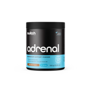 A product label for 'adrenal magnesium support formula' from Switch Nutrition, with highlights including 'contains Ashwagandha,' 'contributes to reduced fatigue,' and a '30 day money back guarantee' badge, in chocolate flavor with 30 servings, 150 grams