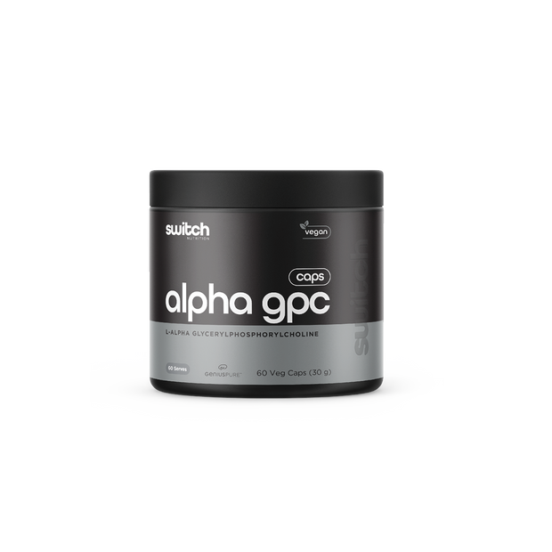 Switch Nutrition Alpha GPC L-Alpha Glycerylphosphorylcholine 60 Veg Caps (30g) - Vegan-friendly capsules designed to support cognitive function and mental performance. Comes in a black container.