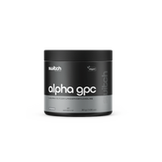 A black container labeled 'alpha gpc' with the subtext 'L-Alpha Glycerylphosphorylcholine' from Switch Nutrition, marked as vegan, offering 60 serves at 30 grams (1.06 oz).