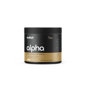 A black container of Switch Nutrition's 'alpha,' an alpha optimization formula, which is vegan. It contains Tongkat Ali & Cistanche, as well as Spilanthese & Shilajit. The label shows 30 servings and a quantity of 120 capsules weighing 60 grams.