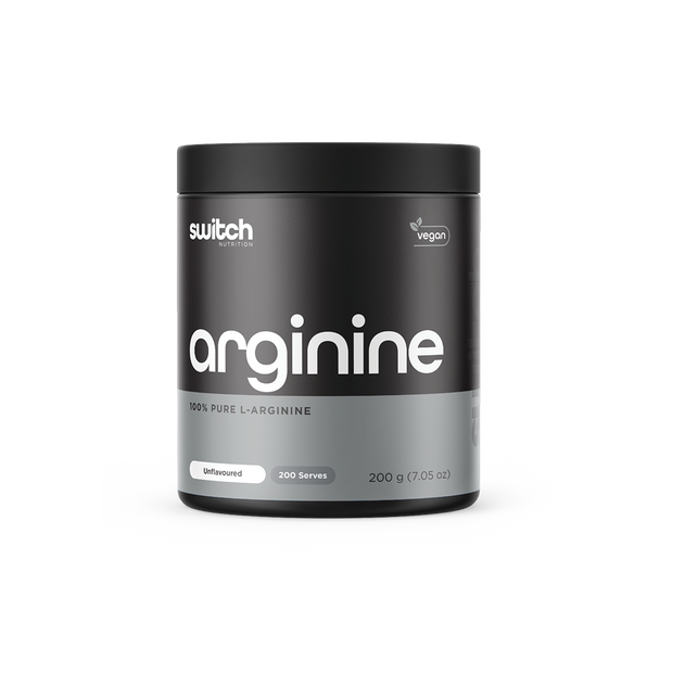 Container of Switch Nutrition Arginine, offering 100% pure L-Arginine, vegan, unflavoured with 200 servings for workout support and recovery.