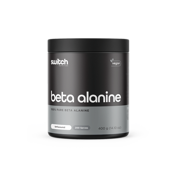 Switch Nutrition Beta Alanine 100% Pure Beta Alanine Powder Unflavoured 400g (200 Serves) - Vegan-friendly supplement designed to enhance athletic performance. Comes in a black container.