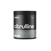 A container of Switch Nutrition Citrulline, a dietary supplement that is 100% pure Citrulline Malate in a 2:1 ratio, unflavoured, offering 100 servings in a 300g container. The label also indicates the product is vegan.