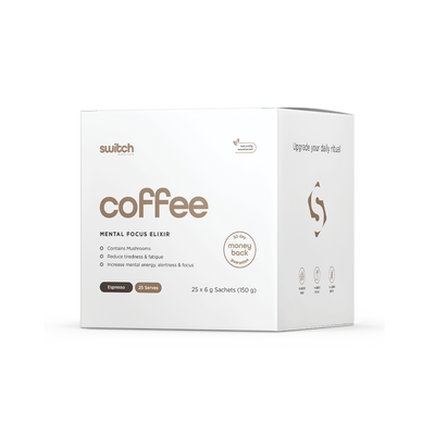 Coffee Switch box, mental focus elixir in the espresso flavour, containing 25 sachet serves.