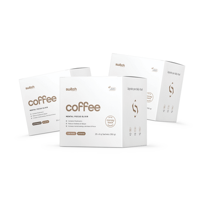 Switch Nutrition Coffee Mental Focus Elixir Bundle - Includes three boxes of Espresso flavour, each containing 25 x 6g sachets (150g total). Contains mushrooms to reduce tiredness and fatigue, and increase mental energy, alertness, and focus. Naturally sweetened with a 30-day money-back guarantee.