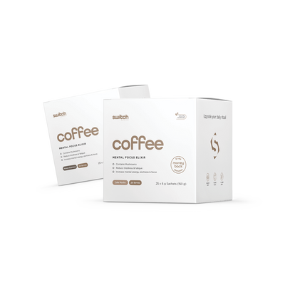 Switch Nutrition Coffee Mental Focus Elixir Bundle - Includes two boxes of Espresso flavour, each containing 25 x 6g sachets (150g total). Contains mushrooms to reduce tiredness and fatigue, and increase mental energy, alertness, and focus. Naturally sweetened with a 30-day money-back guarantee.