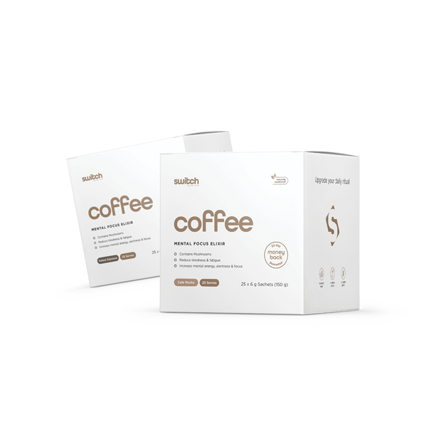 Switch Nutrition Coffee Mental Focus Elixir Bundle - Includes two boxes of Espresso flavour, each containing 25 x 6g sachets (150g total). Contains mushrooms to reduce tiredness and fatigue, and increase mental energy, alertness, and focus. Naturally sweetened with a 30-day money-back guarantee.