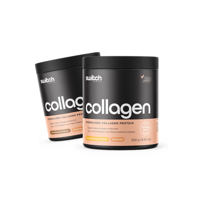 Switch Nutrition Collagen Hydrolysed Collagen Protein Bundle - Includes two 250g containers (20 Serves each). Supports natural collagen production with Type I, II, & III peptides from marine and bovine collagen. Naturally sweetened with a 30-day money-back guarantee.