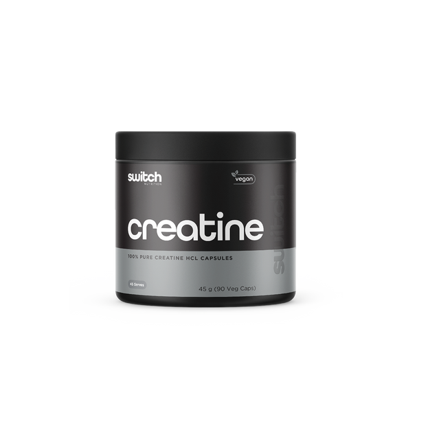 Switch Nutrition Creatine 100% Pure Creatine HCL Capsules 45g (90 Veg Caps) - Vegan-friendly capsules designed to support muscle strength and performance. Comes in a black container