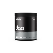 A black container of Switch Nutrition DAA, presenting as 100% pure D-Aspartic Acid. It's a vegan-friendly, unflavoured supplement with 50 servings contained within a 150g package.