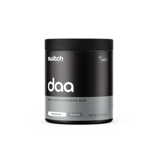 A black container of Switch Nutrition DAA, presenting as 100% pure D-Aspartic Acid. It&