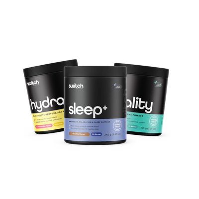 Switch Nutrition Daily Essentials Bundle featuring Sleep+ (Magnesium, Relaxation & Sleep Support), Vitality Powder (Daily Vitamins & Minerals), Hydrate (Electrolyte Rehydration Drink), Ideal for relaxation, sleep, hydration, and overall wellbeing.