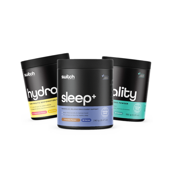 Switch Nutrition Daily Essentials Bundle featuring Sleep+ (Magnesium, Relaxation & Sleep Support), Vitality Powder (Daily Vitamins & Minerals), Hydrate (Electrolyte Rehydration Drink), Ideal for relaxation, sleep, hydration, and overall wellbeing.