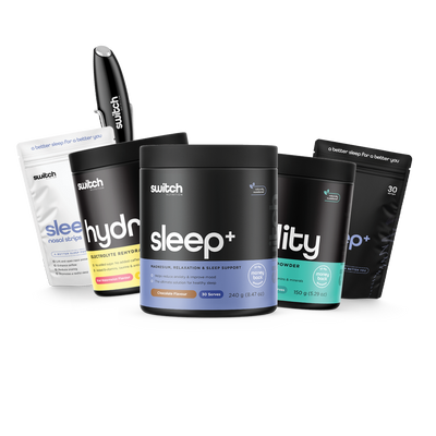 Switch Nutrition Daily Essentials Bundle featuring Sleep+ (Magnesium, Relaxation & Sleep Support), Vitality Powder (Daily Vitamins & Minerals), Hydrate (Electrolyte Rehydration Drink), Sleep Nasal Strips, and Sleep+ Pen. Ideal for relaxation, sleep, hydration, and overall well-being.