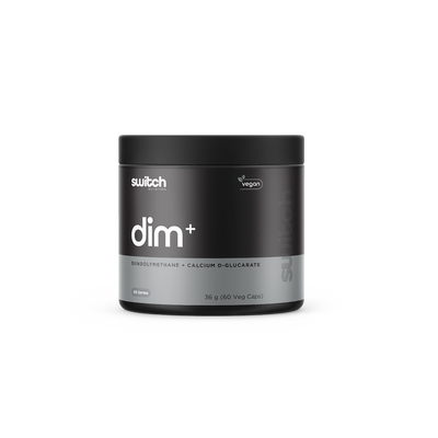 Switch Nutrition DIM+ Diindolylmethane + Calcium D-Glucarate 36g (60 Veg Caps) - Vegan-friendly capsules designed to support hormonal balance and detoxification. Comes in a black container