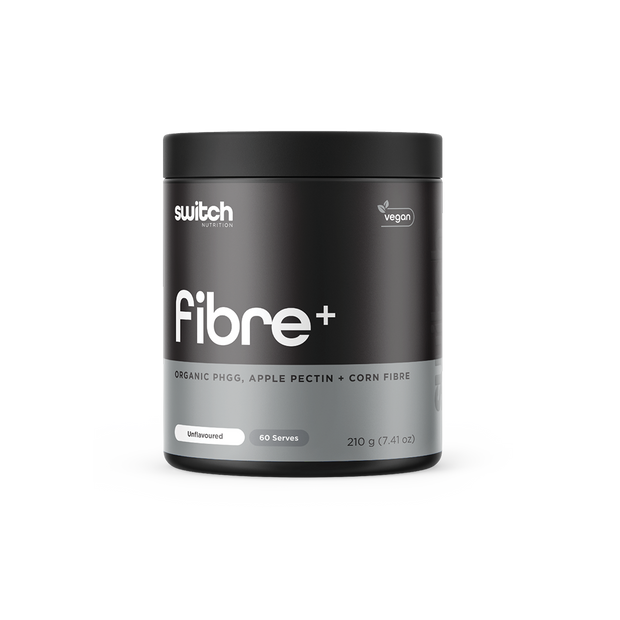 Switch Nutrition Fibre+ Organic PHGG, Apple Pectin, and Corn Fibre Unflavoured Powder 210g (60 Serves) - Vegan-friendly soluble fiber supplement designed to support digestive health, promote a healthy microbiome, and aid in weight management. Comes in a black container 