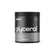 A container of Switch Nutrition Glycerol, which is a vegan 65% glycerol powder supplement. The label indicates 100 serves in a 300g container.