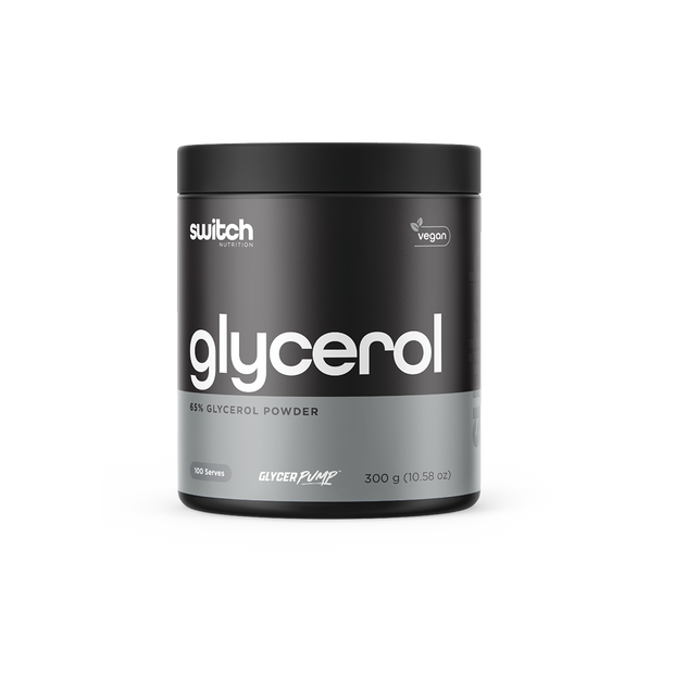 A container of Switch Nutrition Glycerol, which is a vegan 65% glycerol powder supplement. The label indicates 100 serves in a 300g container.