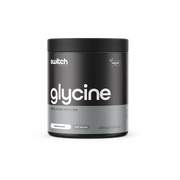 Black container of Switch Nutrition Glycine supplement, marked as 100% pure glycine, vegan, and unflavoured. It contains 200 servings in a 200g container.