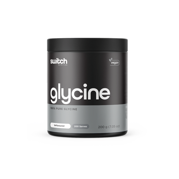 Black container of Switch Nutrition Glycine supplement, marked as 100% pure glycine, vegan, and unflavoured. It contains 200 servings in a 200g container.