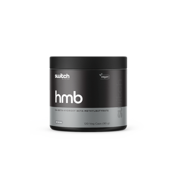 Switch Nutrition HMB Ca-Beta-Hydroxy Beta-Methylbutyrate 120 Veg Caps (90g) - Vegan-friendly capsules designed to support muscle growth, strength, and recovery. Comes in a black container.