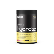 Switch Nutrition Perform Hydrate - Raspberry Lemonade Flavour, 600g tub. A premium electrolyte and carbohydrate endurance blend featuring 802mg sodium, 403mg potassium (2:1 ratio), 21g fast-acting carbohydrates, plus added taurine and vitamin C. Naturally sweetened with an improved, stronger formula. Contains 20 servings.