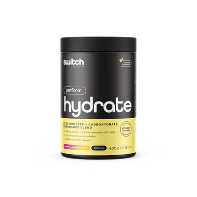 Switch Nutrition Perform Hydrate - Raspberry Lemonade Flavour, 600g tub. A premium electrolyte and carbohydrate endurance blend featuring 802mg sodium, 403mg potassium (2:1 ratio), 21g fast-acting carbohydrates, plus added taurine and vitamin C. Naturally sweetened with an improved, stronger formula. Contains 20 servings.