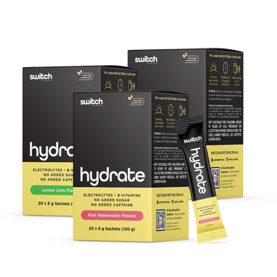 Switch Nutrition Hydrate Electrolyte Rehydration Blend Sachet Bundle - Includes three boxes of 20 x 6g sachets each (120g total) in Lemon Lime and Kiwi Watermelon Flavours. Contains electrolytes, B-vitamins, no added sugar, and no added caffeine. Naturally sweetened with a 30-day money-back guarantee.