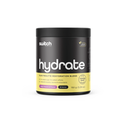 Switch Nutrition HYDRATE Electrolyte Rehydration Blend in Mango Passionfruit Flavour, 150g container with 25 servings, displaying no added sugar or caffeine, and enriched with B-vitamins, taurine, and antioxidants, with a 60-day money-back guarantee seal.