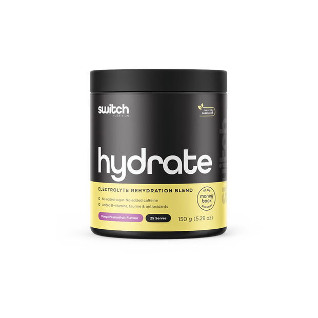 Switch Nutrition HYDRATE Electrolyte Rehydration Blend in Mango Passionfruit Flavour, 150g container with 25 servings, displaying no added sugar or caffeine, and enriched with B-vitamins, taurine, and antioxidants, with a 60-day money-back guarantee seal.