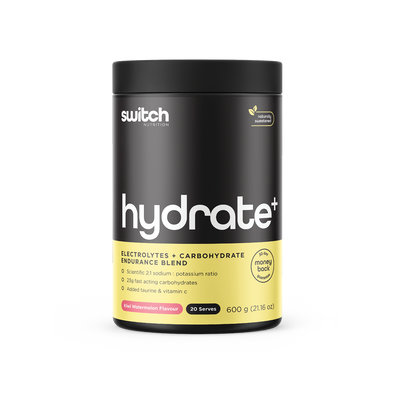 Switch Nutrition Hydrate+ Electrolytes + Carbohydrate Endurance Blend Kiwi Watermelon Flavour 600g (20 Serves) - Features a scientific 2:1 sodium to potassium ratio, 23g fast-acting carbohydrates, and added taurine and vitamin C. Naturally sweetened with a 30-day money-back guarantee.