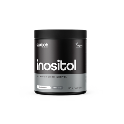 A container of "Switch Nutrition" inositol supplement, 40:1 Myo to D-Chiro ratio, vegan, unflavored, 150 serves, 150g. Transparent background.