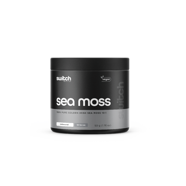 Container of Switch Nutrition Sea Moss, vegan, unflavoured, with 50 servings of 100% pure golden Irish sea moss powder.