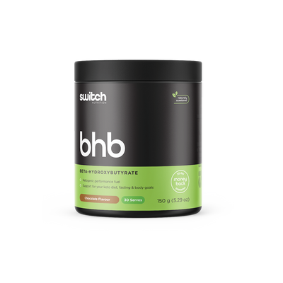 Switch Nutrition's Keto container, BHB ketogenic performance fuel, chocolate-flavoured with 30 servings, supporting keto diet, fasting, and body goals.