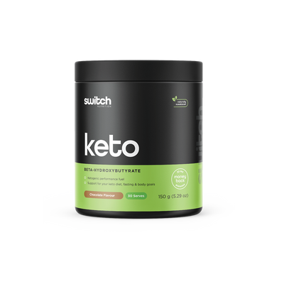 Switch Nutrition's Keto container, BHB ketogenic performance fuel, chocolate-flavoured with 30 servings, supporting keto diet, fasting, and body goals.