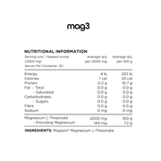 Nutritional information panel for Switch Nutrition Mag3 Magnesium L-Threonate Powder, showing details per serving size of 1 heaped scoop (2000 mg) and per 100 g. Highlights include 4 kJ of energy, 1 calorie, 0.3 g of protein, and 144 mg of magnesium per serving. Contains Magtein® Magnesium L-Threonate as the sole ingredient, with no fats, carbohydrates, sugars, fiber, or sodium.